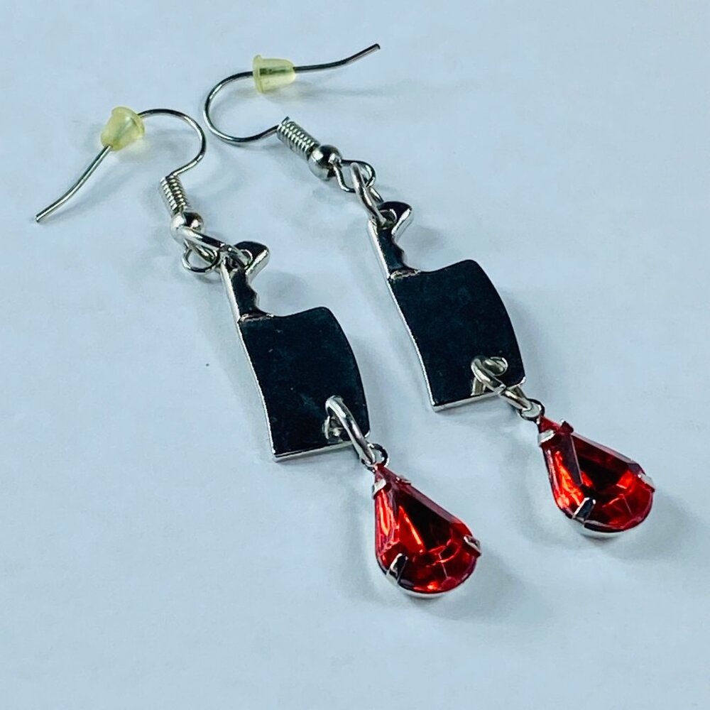Meat Cleaver Earrings Pierced Hooks Dangle Drop Bead Halloween Whimsical Party - Picture 9 of 13